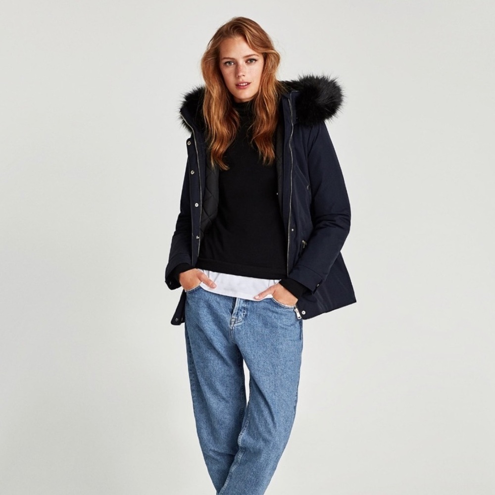 zara | dark navy puffer fur hooded winter coat